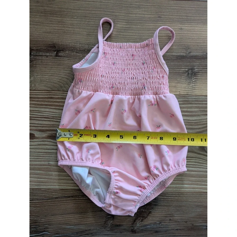 OshKosh B'gosh Girls 18M Pink Floral Smocked Snap Tank 1 Piece Swimsuit